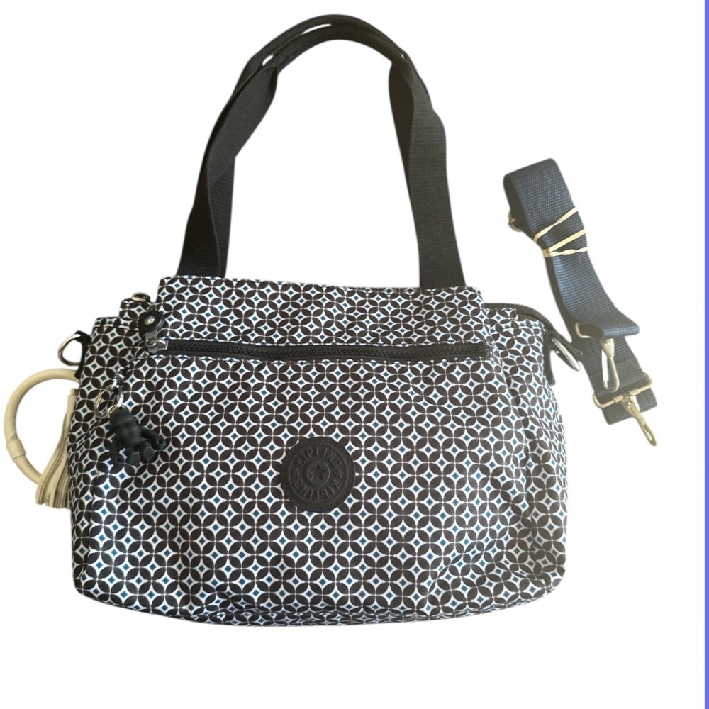 Kipling Black Multi Geo Print Shoulder or Crossbody Nylon Bag with Monkey Charm